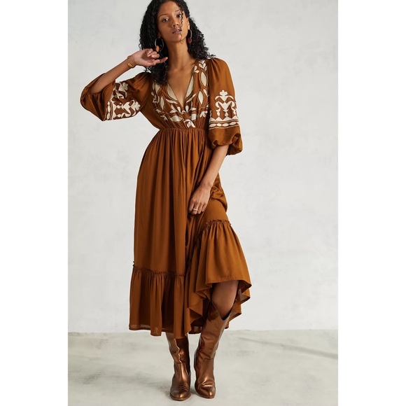 Anthropologie Let Me Be Embroidered Open-Back Maxi Dress